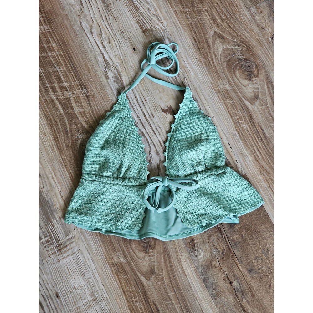 Wild Fable Sage Green Crochet Halter Bikini Top Peplum Ruffle Small‎ 4-6